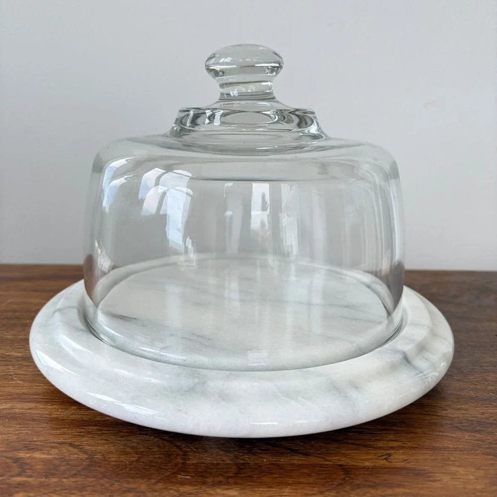 White Marble Cheese Board with Glass Cloche Dome Serving Set 8.5 Inch
